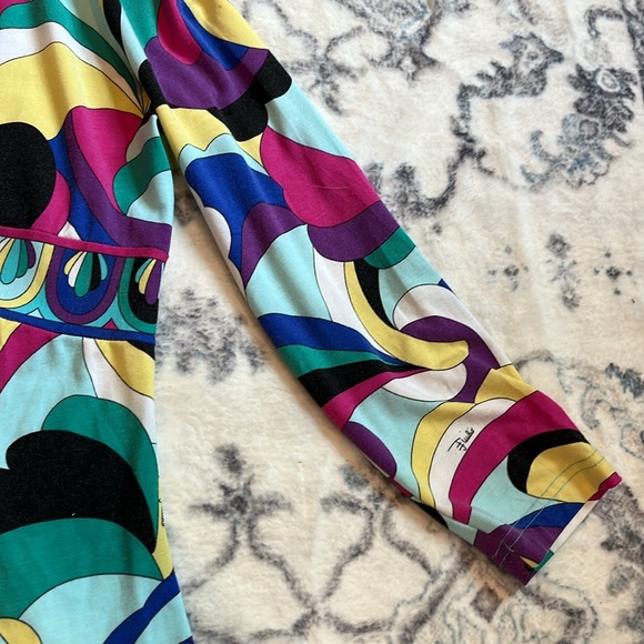 Emilio Pucci Plunge V-Neck 3/4 Length Sleeve Multi-Colored Marmo Print Top XS - Picture 4 of 12